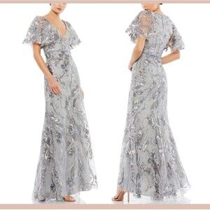 Mac Duggal Dress Size 18 Silver Sequin Gown Floral Lace Embroidered Maxi #67908